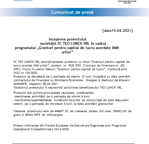 Începerea proiectului Societății SC TEO LUNCH SRL în cadrul programului „Granturi pentru capital de lucru acordate IMM-urilor” 1 teolunch.png