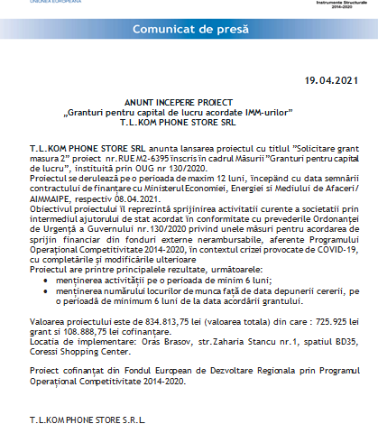 ANUNȚ ÎNCEPERE PROIECT „Granturi pentru capital de lucru acordate IMM-urilor” - T.L.KOM PHONE STORE SRL 1 tlkom.png