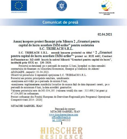 Anunţ începere proiect finanţat prin Măsura 2 „Granturi pentru capital de lucru acordate IMM-urilor” pentru societatea S.C. TRIBEACH S.R.L. 1 tribeach.png