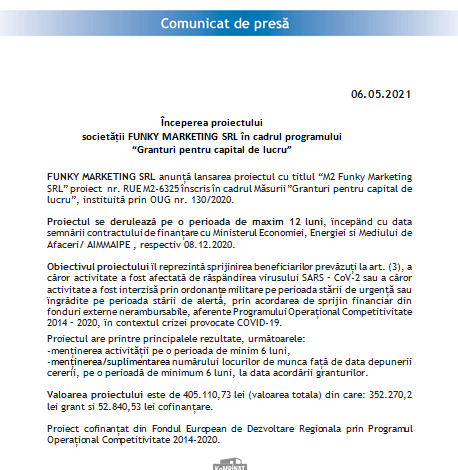 Începerea proiectului Societății FUNKY MARKETING SRL în cadrul programului „Granturi pentru capital de lucru” 1 funky.png
