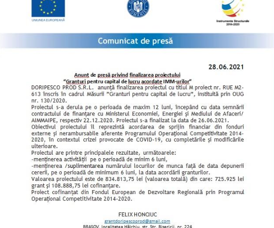 Anunț de presă privind finalizarea proiectului „Granturi pentru capital de lucru acordate IMM-urilor” 1 doripesco_2.png