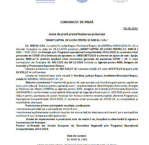 Anunț de presă privind finalizarea proiectului „GRANT CAPITAL DE LUCRU PENTRU SC MIRI & J S.R.L.” 1 miri_4.png