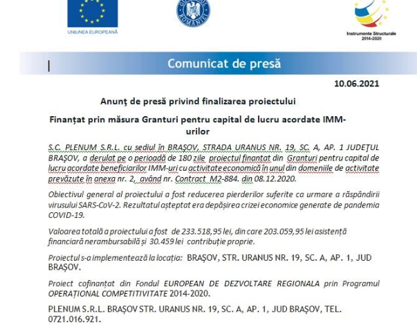 Anunţ de presă privind finalizarea proiectului finanțat prin măsura Granturi pentru capital de lucru acordate IMM-urilor 1 plenum_5.png