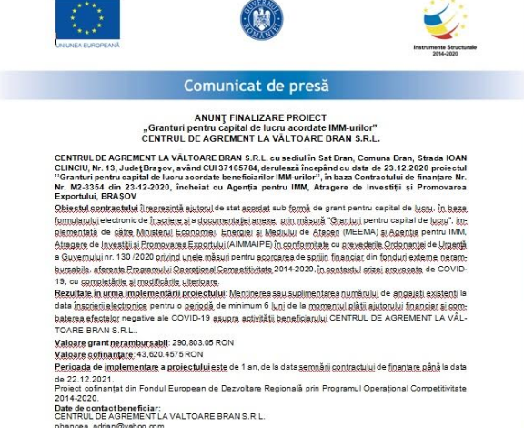 ANUNŢ FINALIZARE PROIECT „Granturi pentru capital de lucru acordate IMM-urilor” - CENTRUL DE AGREMENT LA VÂLTOARE BRAN S.R.L. 1 agrement_2.png