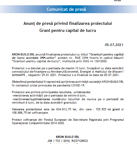 Anunț de presă privind finalizarea proiectului Grant pentru capital de lucru 1 kron.png