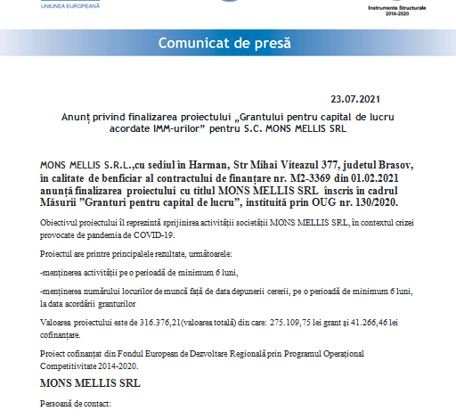 Anunț privind finalizarea proiectului „Grantului pentru capital de lucru acordate IMM-urilor” pentru S.C. MONS MELLIS SRL 1 mons.png