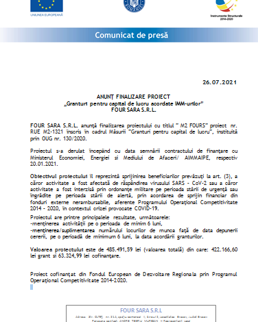 ANUNȚ FINALIZARE PROIECT „Granturi pentru capital de lucru acordate IMM-urilor” - FOUR SARA S.R.L. 1 sara_2.png