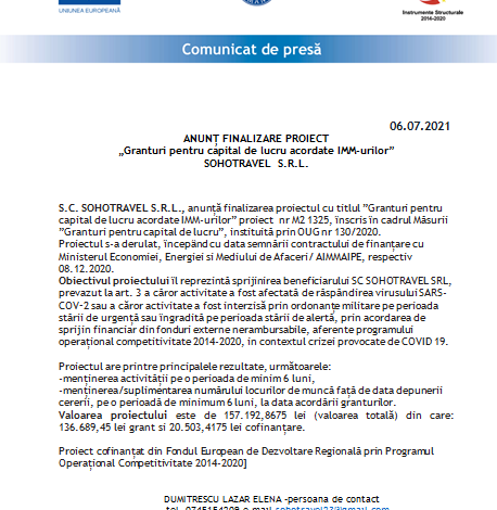 ANUNȚ FINALIZARE PROIECT „Granturi pentru capital de lucru acordate IMM-urilor” - SOHOTRAVEL S.R.L. 1 soho.png