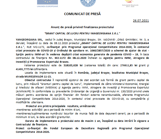 Anunț de presă privind finalizarea proiectului „GRANT CAPITAL DE LUCRU PENTRU YANGEORGIANA S.R.L.” 1 yangeorgiana_3.png