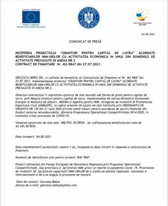 ÎNCEPEREA PROIECTULUI „GRANTURI PENTRU CAPITAL DE LUCRU” ACORDATE BENEFICIARILOR IMM-URILOR CU ACTIVITATEA ECONOMICĂ ÎN UNUL DIN DOMENIILE DE ACTIVITATE PREVĂZUTE ÎN ANEXA NR 2 CONTRACT DE FINANȚARE Nr. M2-9847 din 27.07.2021 1 Screenshot_20210804-092635_Word_290171.jpg