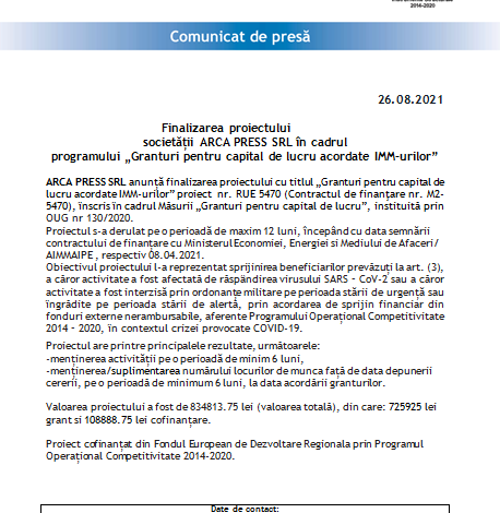 Finalizarea proiectului Societății ARCA PRESS SRL în cadrul programului „Granturi pentru capital de lucru acordate IMM-urilor” 1 arca1.png