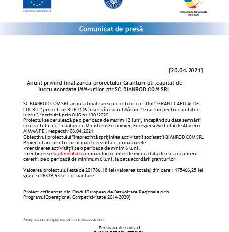Anunț privind finalizarea proiectului Granturi ptr. capital de lucru acordate IMM-urilor ptr. SC BIANROD COM SRL 1 bianrod_2.png