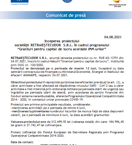 Începerea proiectului Societății RETRĂIEȘTECUDOR S.R.L. în cadrul programului „Granturi pentru capital de lucru acordate IMM-urilor” 1 cudor.png