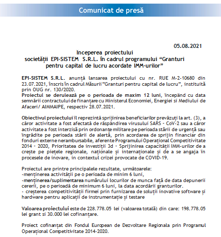 Începerea proiectului societății EPI-SISTEM S.R.L. în cadrul programului „Granturi pentru capital de lucru acordate IMM-urilor” 1 epi.png