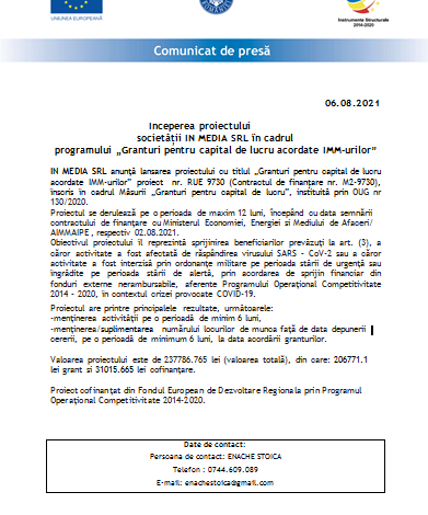 Începerea proiectului societății IN MEDIA SRL în cadrul programului „Granturi pentru capital de lucru acordate IMM-urilor” 1 grant17.png