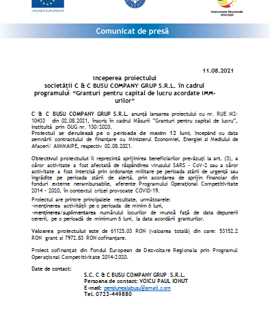 Începerea proiectului societății C & C BUSU COMPANY GRUP S.R.L. în cadrul programului „Granturi pentru capital de lucru acordate IMM-urilor” 1 grant39.png
