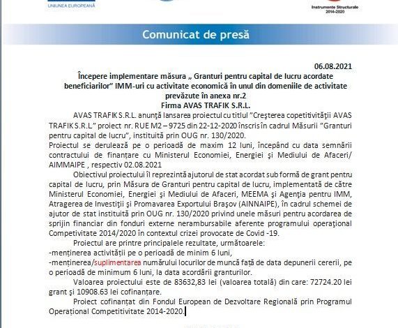 COMUNICAT DE PRESĂ 06.08.2021 Începere implementare măsura „Granturi pentru capital de lucru acordate beneficiarilor” IMM-uri cu activitate economică în unul din domeniile de activitate prevăzute în anexa nr.2 Firma AVAS TRAFIK S.R.L. 1 poza3_5.jpg