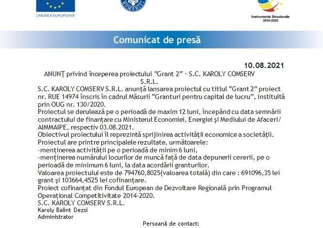 ANUNŢ privind începerea proiectului „Grant 2” – S.C. KAROLY COMSERV S.R.L. 1 pozakaroly.jpg