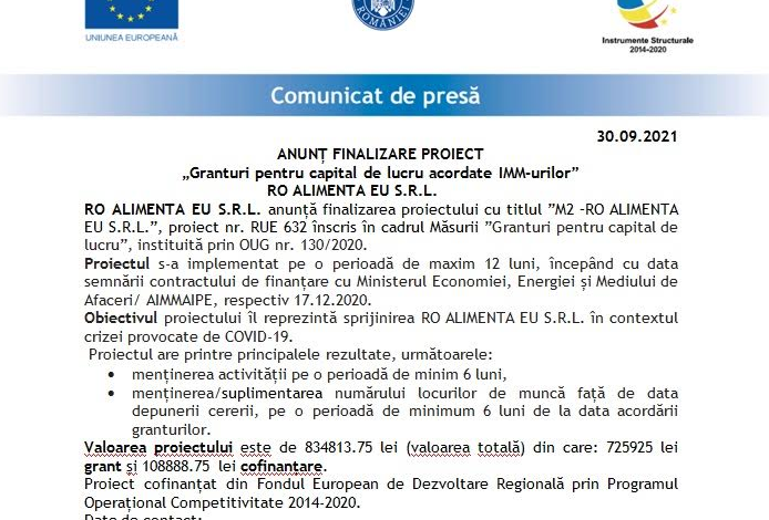 ANUNȚ FINALIZARE PROIECT „Granturi pentru capital de lucru acordate IMM-urilor” - RO ALIMENTA EU S.R.L. 1 alimenta.png