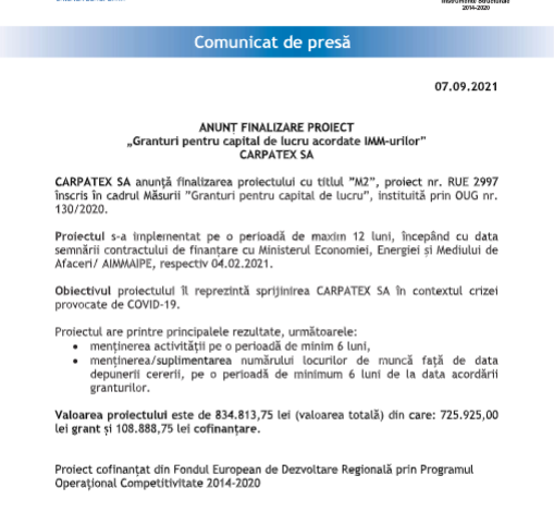 ANUNȚ FINALIZARE PROIECT „Granturi pentru capital de lucru acordate IMM-urilor” CARPATEX SA 1 carpatex_2.png