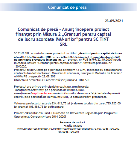 Comunicat de presă - Anunț începere proiect finanțat prin Măsura 2 „Granturi pentru capital de lucru acordate IMM-urilor” pentru SC TINT SRL 1 tint.png