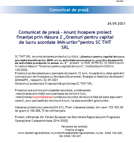 Comunicat de presă - Anunț începere proiect finanțat prin Măsura 2 „Granturi pentru capital de lucru acordate IMM-urilor”pentru SC TINT SRL 1 tint_2.png
