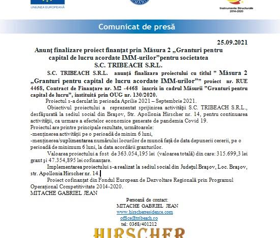 Anunţ finalizare proiect finanţat prin Măsura 2 „Granturi pentru capital de lucru acordate IMM-urilor”pentru Societatea S.C. TRIBEACH S.R.L. 1 tribeach_6.png