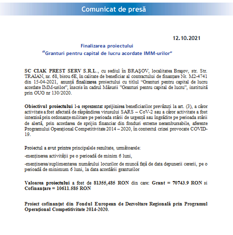 Finalizarea proiectului „Granturi pentru capital de lucru acordate IMM-urilor” 1 ciak2.png