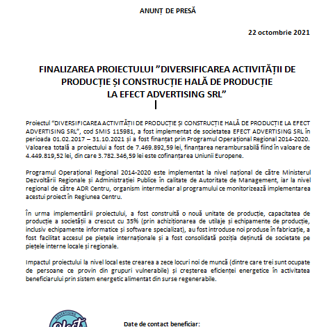 FINALIZAREA PROIECTULUI „DIVERSIFICAREA ACTIVITĂȚII DE PRODUCȚIE ȘI CONSTRUCȚIE HALĂ DE PRODUCȚIE LA EFECT ADVERTISING SRL” 1 comunicat_5.png