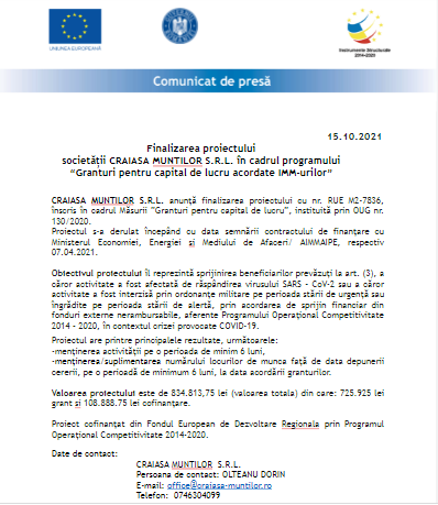 Finalizarea proiectului societății CRAIASA MUNTILOR S.R.L. în cadrul programului „Granturi pentru capital de lucru acordate IMM-urilor” 1 grant45.png