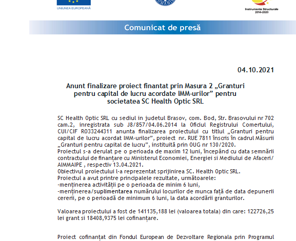 Anunț finalizare proiect finanțat prin Măsura 2 „Granturi pentru capital de lucru acordate IMM-urilor” pentru Societatea SC Health Optic SRL 1 health.png