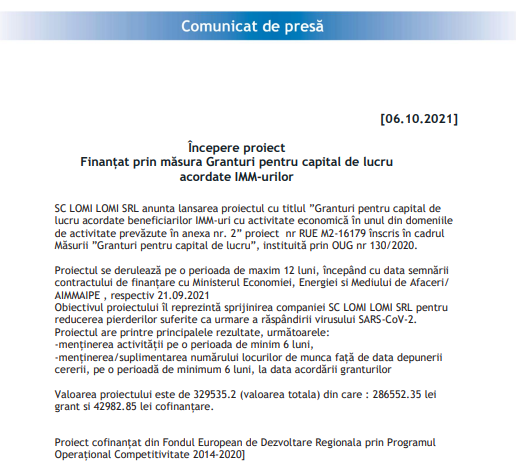 Începere proiect finanțat prin măsura Granturi pentru capital de lucru acordate IMM-urilor 1 lomi.png