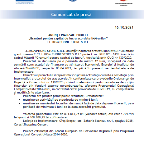 ANUNȚ FINALIZARE PROIECT „Granturi pentru capital de lucru acordate IMM-urilor” - T.L.KOM PHONE STORE S.R.L. 1 tlkom_4.png