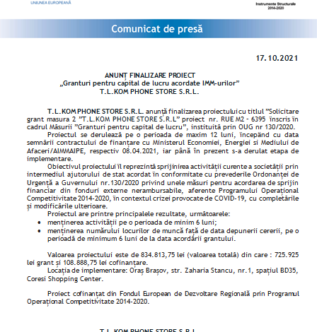 ANUNȚ FINALIZARE PROIECT „Granturi pentru capital de lucru acordate IMM-urilor” - T.L.KOM PHONE STORE S.R.L. 1 tlkom_5.png