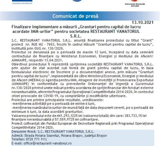 Finalizare implementare a măsurii „Granturi pentru capital de lucru acordate IMM-urilor” pentru Societatea RESTAURANT VÂNĂTORUL S.R.L. 1 vanatorul_2.png