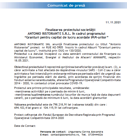 Finalizarea proiectului Societății ANTONIO RISTORANTE S.R.L. în cadrul programului “Granturi pentru capital de lucru acordate IMM-urilor” 1 antonio_2.png