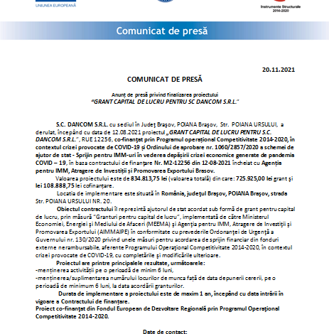 Anunț de presă privind finalizarea proiectului „GRANT CAPITAL DE LUCRU PENTRU SC DANCOM S.R.L.” 1 dancom1_2.png