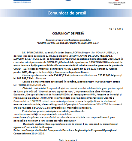Anunț de presă privind finalizarea proiectului „GRANT CAPITAL DE LUCRU PENTRU SC DANCOM S.R.L.” 1 dancom2_2.png