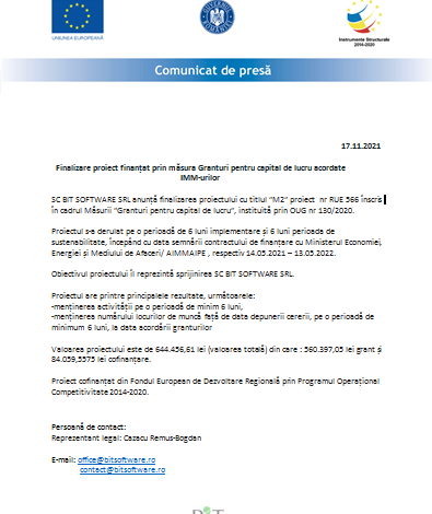 Finalizare proiect finanțat prin măsura Granturi pentru capital de lucru acordate IMM-urilor 1 grant60.png