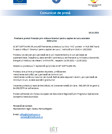 Finalizare proiect finanțat prin măsura Granturi pentru capital de lucru acordate IMM-urilor 1 grant61.png