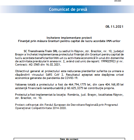 Încheiere implementare proiect, finanțat prin măsura Granturi pentru capital de lucru acordate IMM-urilor 1 train.png