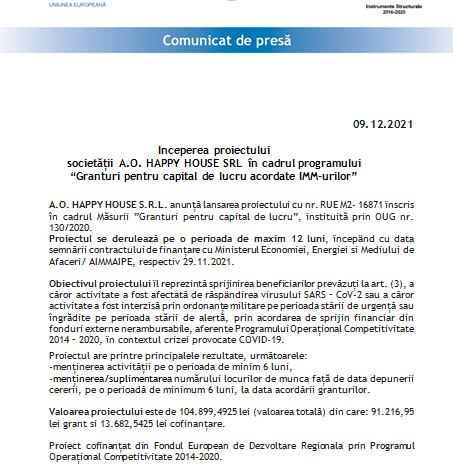 Începerea proiectului Societății A.O. HAPPY HOUSE SRL în cadrul programului „Granturi pentru capital de lucru acordate IMM-urilor” 1 happy.png