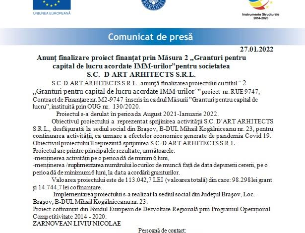 Anunţ finalizare proiect finanţat prin Măsura 2 „Granturi pentru capital de lucru acordate IMM-urilor”pentru Societatea - S.C. D ART ARHITECTS S.R.L. 1 art_2.png