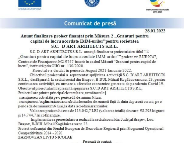 Anunţ finalizare proiect finanţat prin Măsura 2 „Granturi pentru capital de lucru acordate IMM-urilor” pentru Societatea S.C. D ART ARHITECTS S.R.L. 1 dart.png