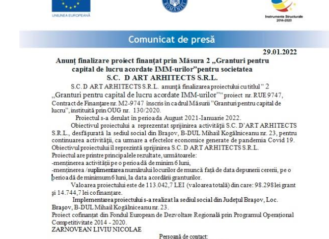Anunţ finalizare proiect finanţat prin Măsura 2 „Granturi pentru capital de lucru acordate IMM-urilor”pentru Societatea S.C. D ART ARHITECTS S.R.L. 1 dart_2.png