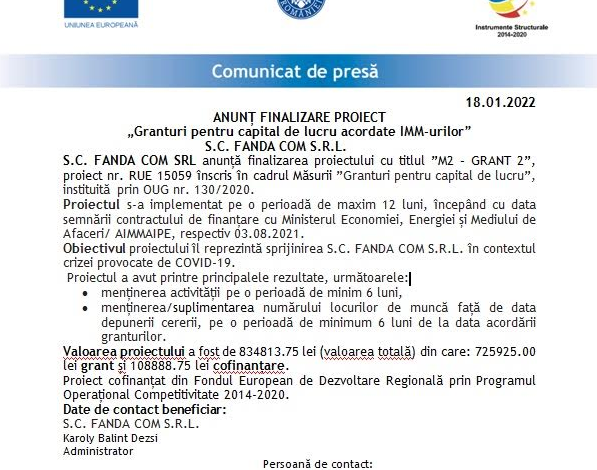 ANUNȚ FINALIZARE PROIECT „Granturi pentru capital de lucru acordate IMM-urilor” - S.C. FANDA COM S.R.L. 1 fanda.png