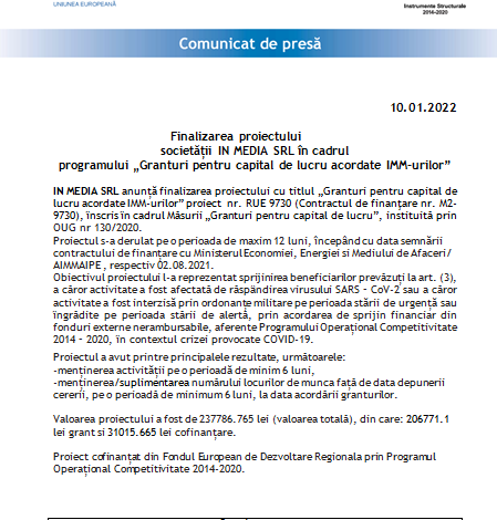 Finalizarea proiectului Societății IN MEDIA SRL în cadrul programului „Granturi pentru capital de lucru acordate IMM-urilor” 1 inmedia.png