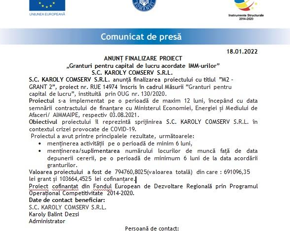 ANUNȚ FINALIZARE PROIECT „Granturi pentru capital de lucru acordate IMM-urilor” - S.C. KAROLY COMSERV S.R.L. 1 karoly.png