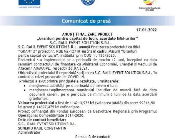 ANUNȚ FINALIZARE PROIECT „Granturi pentru capital de lucru acordate IMM-urilor” - S.C. RAUL EVENT SOLUTION S.R.L. 1 raul.png