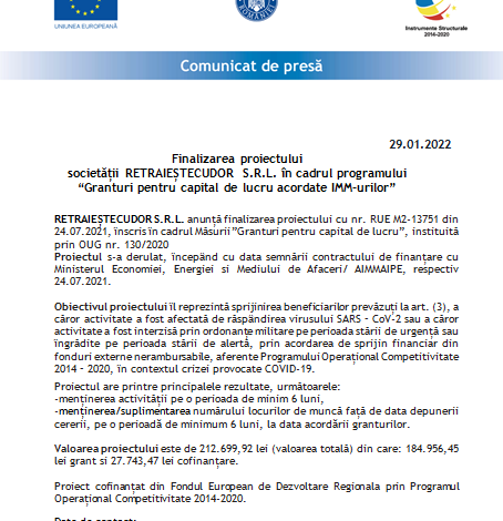 Finalizarea proiectului Societății RETRĂIEȘTECUDOR S.R.L. în cadrul programului „Granturi pentru capital de lucru acordate IMM-urilor” 1 retraieste_3.png